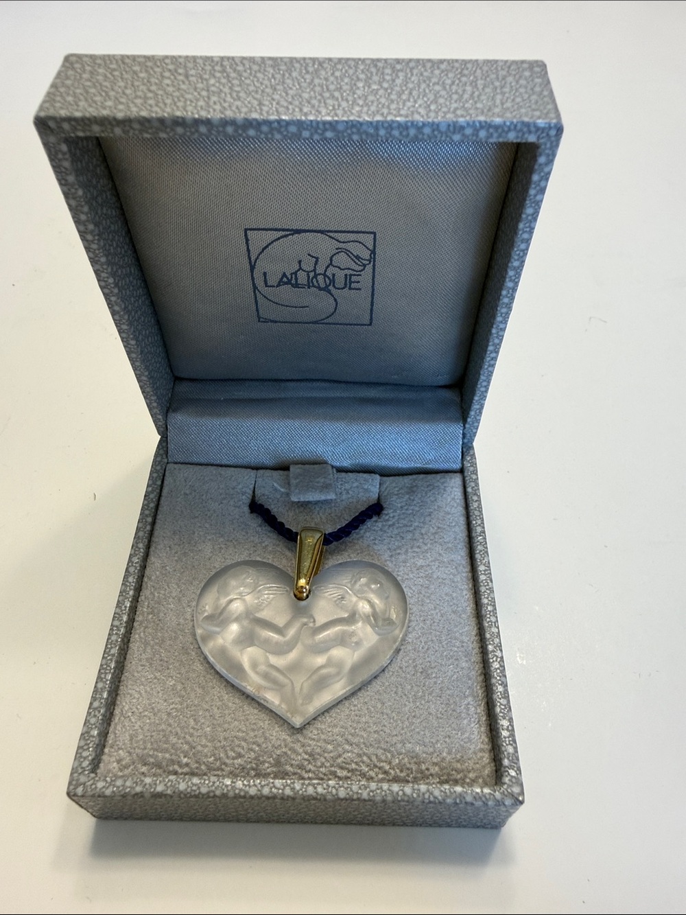 Lalique Clear Frosted Crystal Heart Pendant with Gold Bail and purple Cord